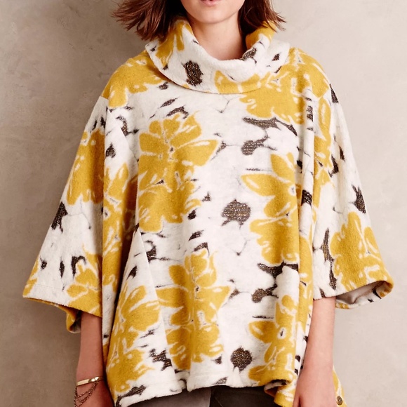 Anthropologie Saturday Sunday Yellow Cluster Flora Cowlneck Poncho - Picture 1 of 12